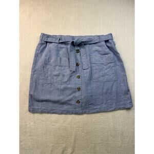 Women's XL Chambray Tie Waist Lined Pockets Mini Skirt Button Front Linen Blend